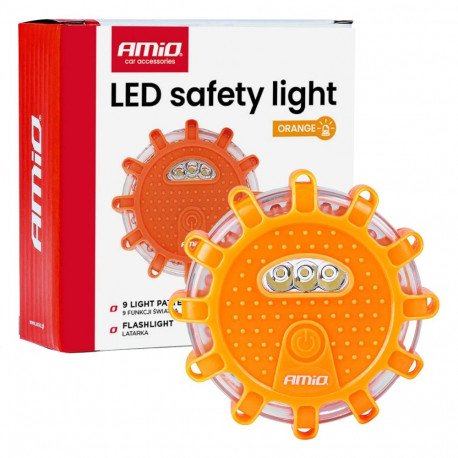 Lampa ostrzegawcza awaryjna z funkcją latarki 3xaaa ip65 12smd + 3smd światło pomarańczowe amio-0482