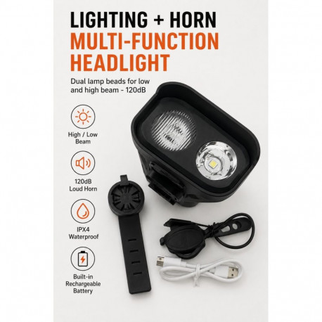 iLike JOHORSE Rechargeable Bike Light with 120dB Horn, USB Rechargeable LED Bicycle Headlight, High/