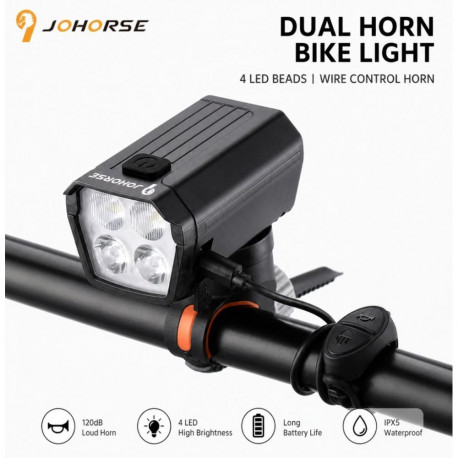 iLike JOHORSE USB Rechargeable Bike Headlight with 120dB Electric Horn, 300LM 4 LED Bicycle Front Li