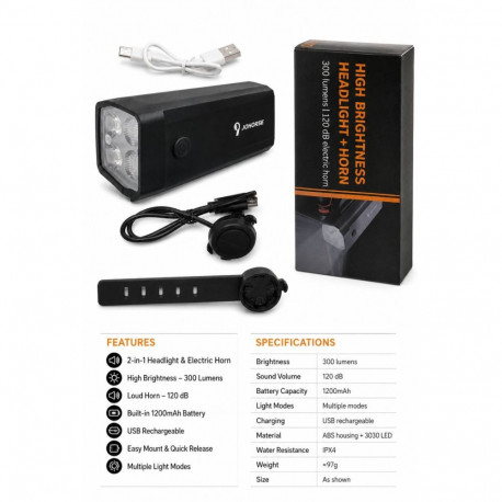 iLike Rechargeable Bicycle Headlight with 120dB Electric Horn, 300 Lumens LED Bike Light, USB Rechar