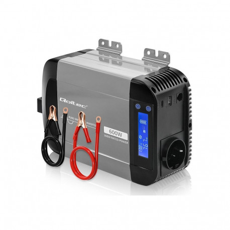 Qoltec pingemuundur puhas siinus 12V–230V 300/600W LCD USB USB-C ühildub LiFePO4, GEL, AGM