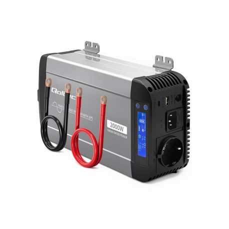 Qoltec puhas siinusinverter 12V–230V 1000/2000W UPS-bypass LCD USB USB-C ühilduv LiFePO4-, GEL- ja A