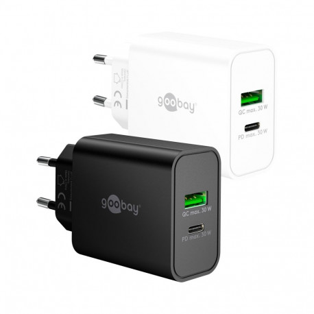 Goobay 30 W USB-C PD GaN kahe pordiga kiirlaadija, valge