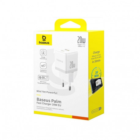 Charger - Baseus Palm AC Fast Charger 20W USB-C & USB-A White