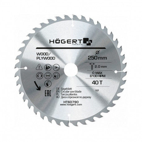 Hogert TCT Saw Blade HT6D790, 250mm, 40 teeth, 30mm, 2mm, Manganese Steel, 6100 RPM, ATB, reduced he