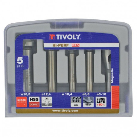 Set of 5 Countersinks. HSS-E5, ØD=8,3-16,5mm.  Bright, uncoated, cylindrical shank "Half-box"
