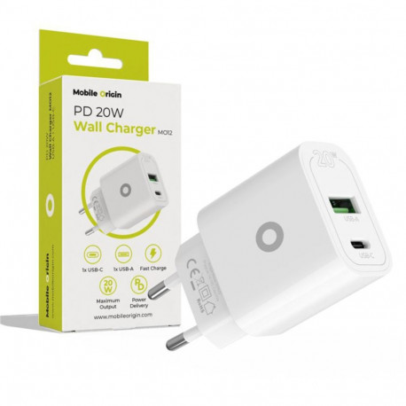 Mobile Origin seinalaadija PD20W MO12 1x USB-A + 1x USB-C, valge