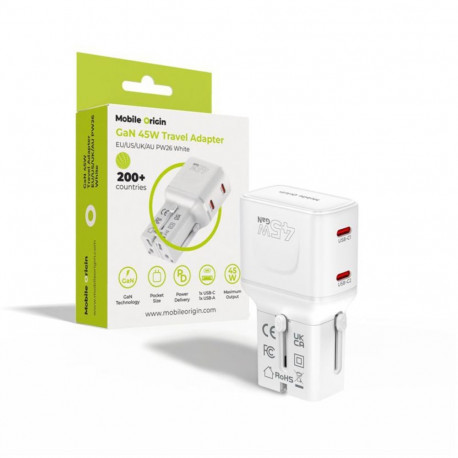 Mobile Origin reisilaadija PW26 45W EU/US/UK/AU, valge