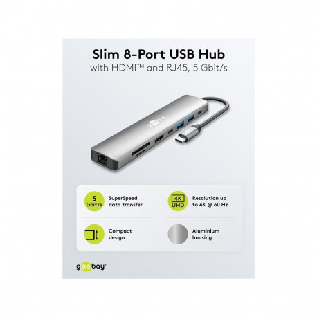 Dokkimisjaam GOOBAY Advanced Slim 8-Port USB Hub, HDMI, RJ45, 5 Gbit/s