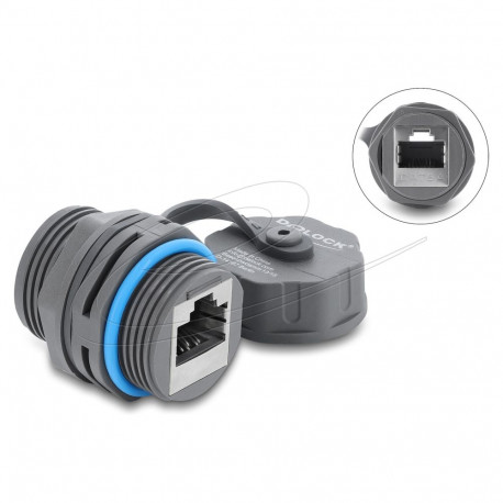 "Kabelverbinder RJ45 Buchse zu RJ45 Buchse Cat.6A mit M23.5 x 1,5 mm Gewinde und Verschlusskappe IP6