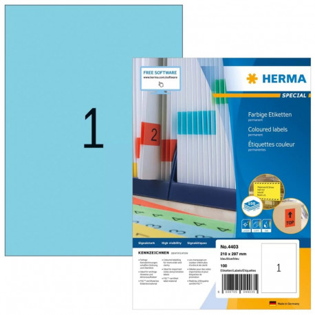 HERMA etiketid A4 210x297mm matt paber 100tk, sinine