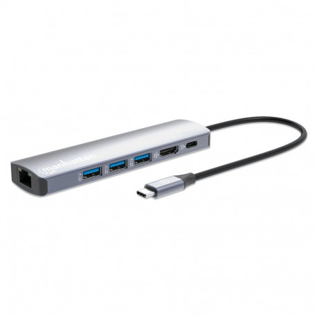 Manhattan USB-C dokkimisjaam, pordid (x6): Ethernet, HDMI, USB-A (x3) ja USB-C, Power Delivery (PD) 
