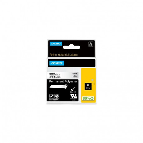 DYMO Rhino Industrial Permanent Polyester Labels | 9 mm x 5.5 m | Black Print on Clear | Self-Adhesi