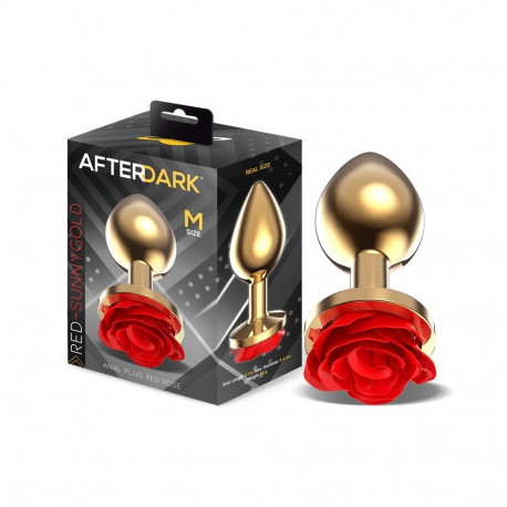 Golden Metal Anal Plug with Red Rose Base - Size M