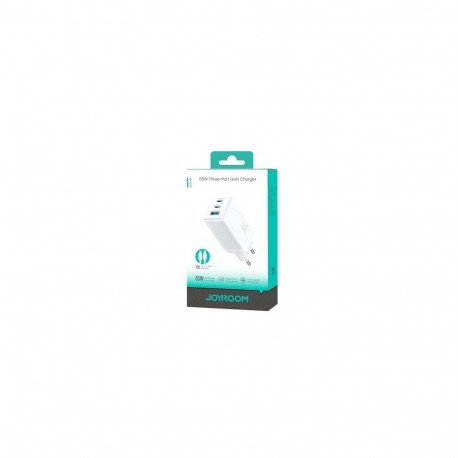 Joyroom Travel Charger GaN Fast Charger C+C+U, PD 65W with Type-C to Type-C Cable (1.2m), White (JR-