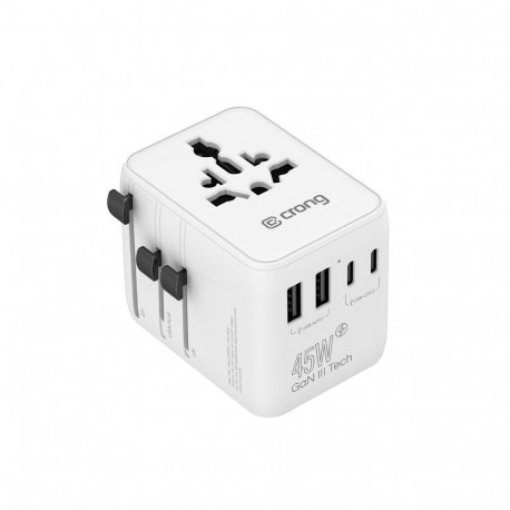 Crong One World Travel Adapter – Uniwersalny adapter podróżny GaN 45W UK/EU/US/AU (biały)