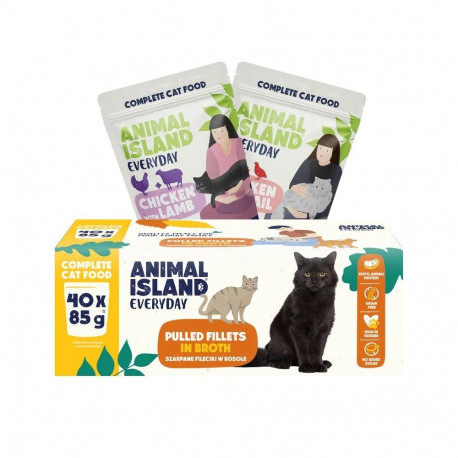 ANIMAL ISLAND märgtoit kassidele igapäevased fileedid puljongis kana ja lambaliha, kana ja vutiliha 