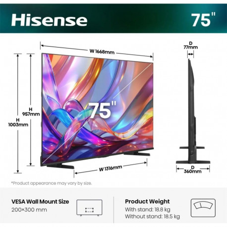 Hisense Hi-QLED TV | 75E7S | 75 | Smart TV | VIDAA Smart OS | UHD | Black