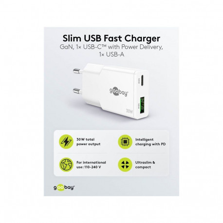 goobay 30W USB-C PD GaN dual fast charger slim 1x USB-C port (Power Delivery) and 1x USB-A port (Qui