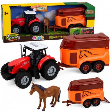 Mängutraktor koos haagisega hobuse transportimiseks, figuuriga, tulede ja helidega, 3-osaline