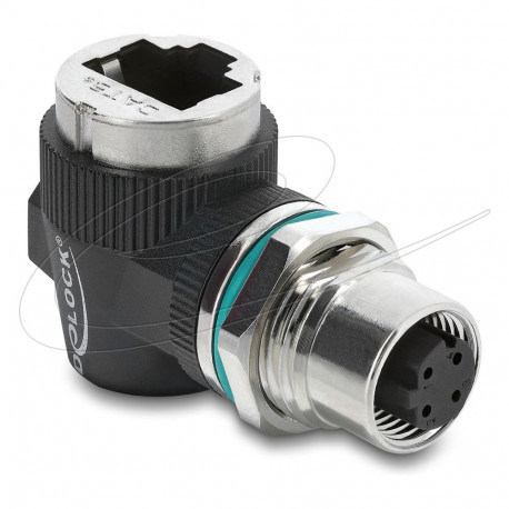 Delock M12 adapter D-kodeeritud 4-pinine pistikupesa RJ45-pesa, sisseehitatav ümmargune 90° nurga al