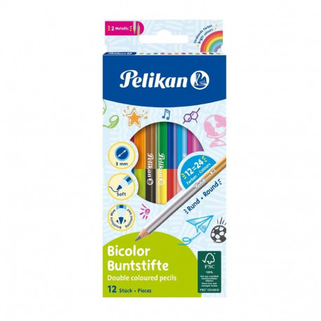 Pelikan värvipliiats, kahe otsaga, 12 tk, 24 värvi, ümar