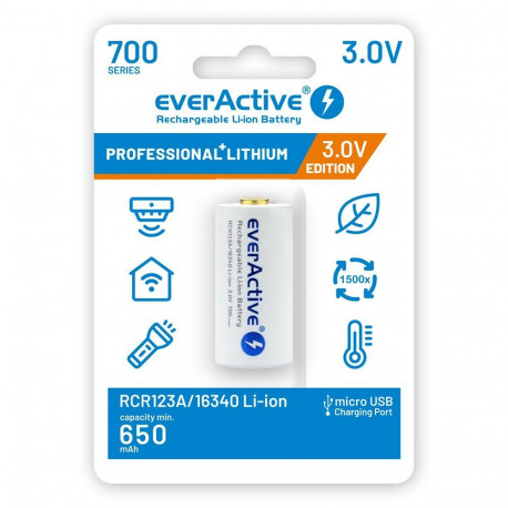 Battery - everActive 16340 / RCR123A 700mAh Rechargeable Lithium-Ion With Micro USB Port