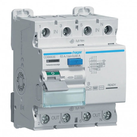 "Hager Fi-Schalter 4polig 10kA CDB663E 63A 30mA Typ B 230/400V"