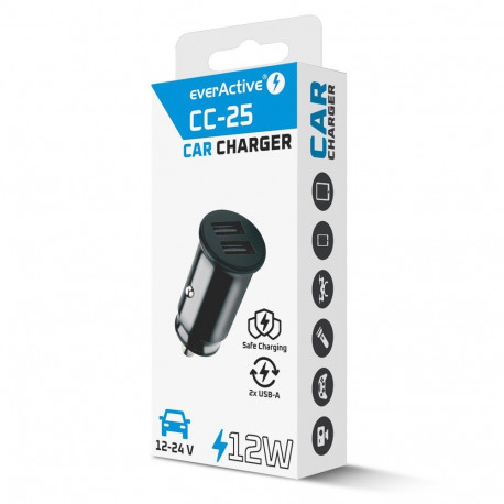 Car Charger - everActive CC-25 12W Dual USB-A Ports 5V/2.4A, Black