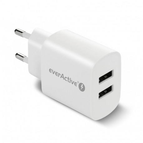 USB Wall Charger - everActive SC-220 12W Dual USB-A Ports Smart Charging, White