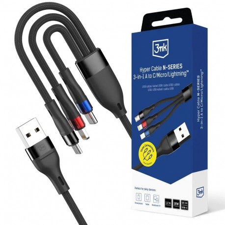 3mk Hyper N-SERIES 3-in-1 andmeedastus- ja laadimiskaabel | USB-A kuni USB-C, Micro USB, Lightning |