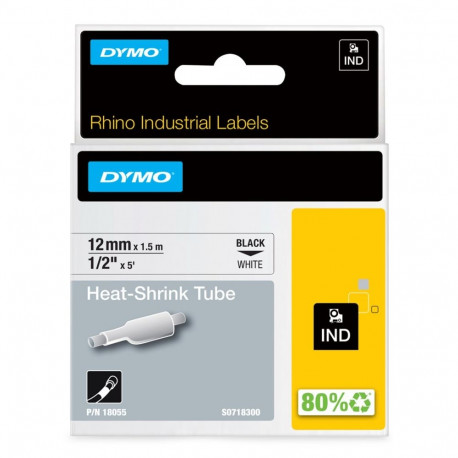 DYMO Rhino Industrial Heat-Shrink Cable Label Tubes | 12mm x 1.5m | Black Print on White | for Rhino