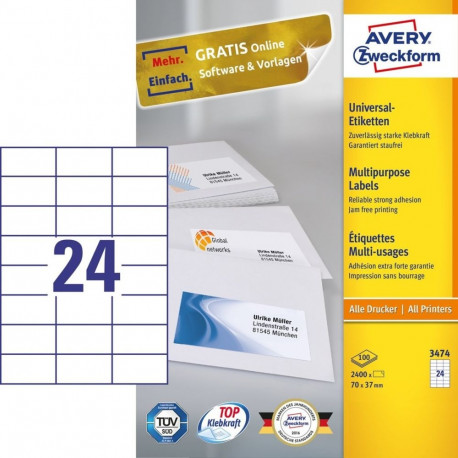 Avery isekleepuvad etiketid 3474, ristkülikukujulised, püsikleepuvad, 2400tk, valged