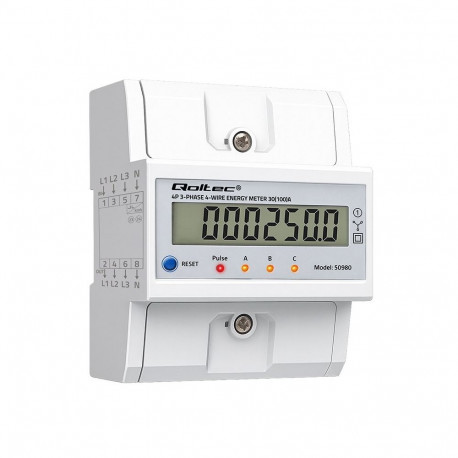 Qoltec kolmefaasiline elektrooniline energiatarbimise arvesti 50980 lähtestusega DIN-liistule 400V 1