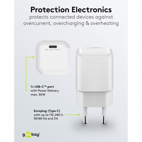 Goobay kiirlaadija 30W USB-C PD GaN nano, valge