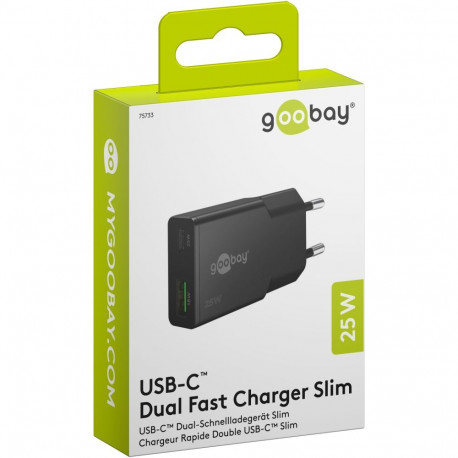 Goobay kahe pordiga kiirlaadija 25W USB-C PD GaN õhuke, must