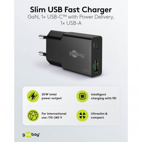 Goobay 20 W USB-C PD GaN õhuke must kahe pordiga kiirlaadija