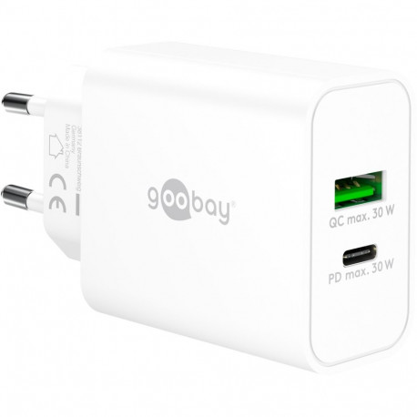 Goobay 30 W USB-C PD GaN kahe pordiga kiirlaadija, valge