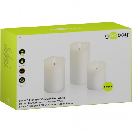 Goobay Set of 3 LED Real Wax Candles, white