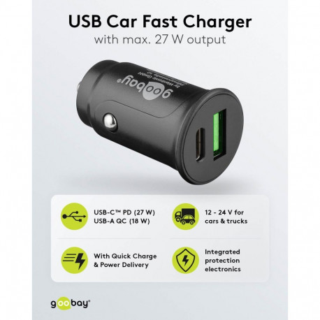 Goobay 27 W Power Delivery kahe USB-pordiga auto kiirlaadija USB-C PD