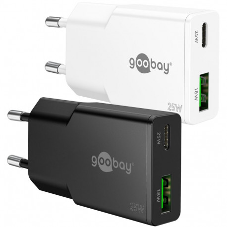 Goobay 25 W USB-C PD GaN valge õhuke kahe pordiga kiirlaadija