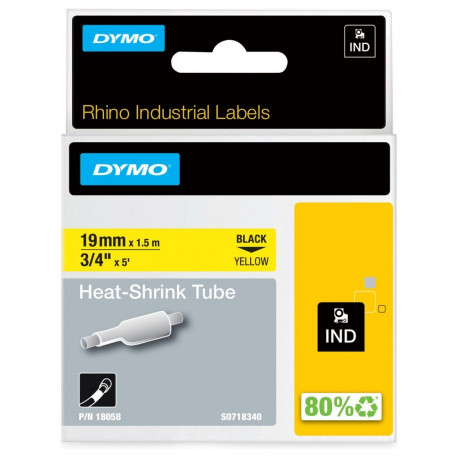 "Dymo Rhino IND ORIGINAL Heischrumpfschlauch 19mm x 1,5m, schwarz auf gelb, Etiketten- Schrumpfschla