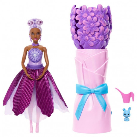 Barbie moenukk Petal Pop, lõhnastatud, üllatusaksessuaaridega, näiteks jänku ja muud, lilla kleidiga