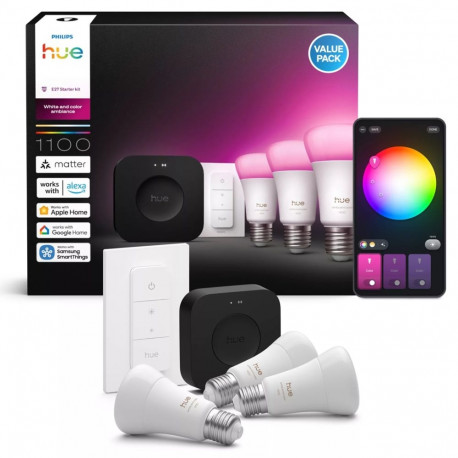 Philips Hue valge ja värvilise valgusmeeleolu stardikomplekt: 3 E27 nutipirni + hämarduslüliti + Bri