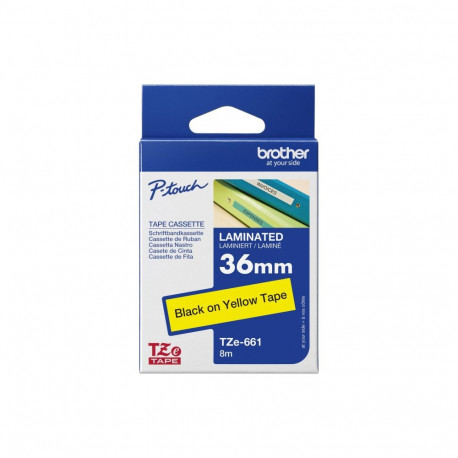Brother TZe-661 lamineeritud lint must kollasel TZe 8 m 3,6 cm