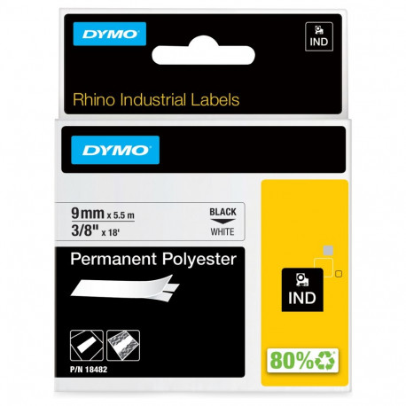 "Dymo Rhino IND ORIGINAL Schriftband Polyester 9mm x 5,5m, schwarz auf wei (permanent klebend, 18482