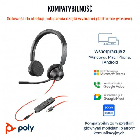 HP Poly peakomplekt Blackwire 3325 stereo Microsoft Teamsi sertifitseeritud USB-C, 3.5mm pistik ja U