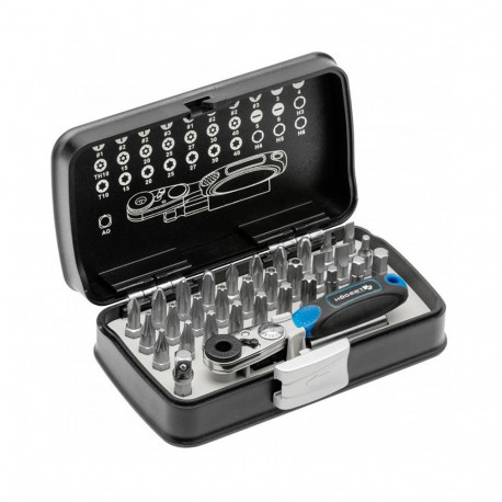 Hogert screwdriver bits set HT1R460, 33 pcs, HEX 3-6mm, PH1-3, PZ1-3, T10-40, 52 teeth, plastic box