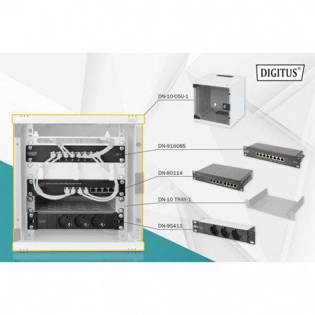 Digitus 10" Network Set, 6U cabinet, shelf, PDU, 8-port switch, CAT 6 patch panel, Grey DN-10-SET-1