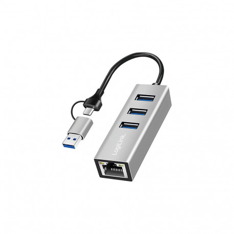 "Logilink USB 3.2 Gen1 Hub, 3-port, with Gigabit Ethernet Adapter, USB-A+C, aluminum"